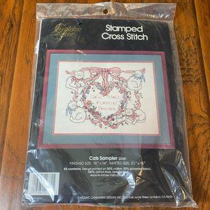 Vintage Golden Bee Stamped Cross Stitch 18" x 14" Candamar Designs Cats Sampler